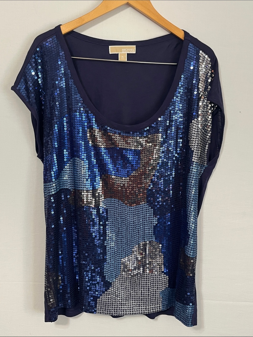 Michael Kors Navy Blue Silver Sequin Scoop Neck Tee Shirt Top XL